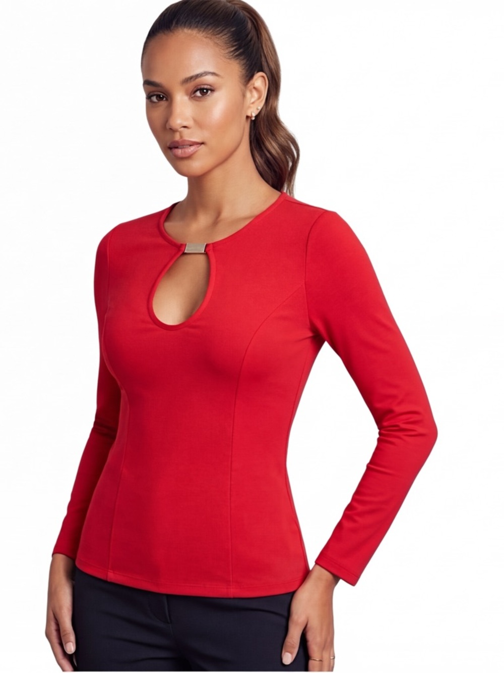 Y2K Bebe Red Long Sleeve Gold Metal Bar Keyhole Front Piping Seams Fitted Top XS